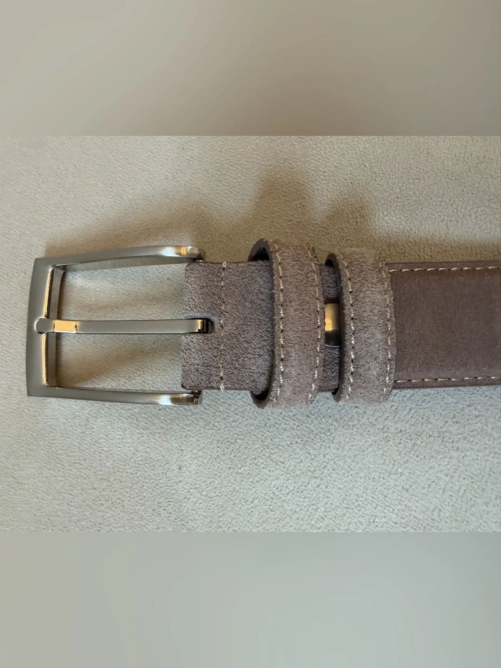 Ground Mind Men's Suede Taupe Belt Metal Buckle Silvertone 38” Leather Golf